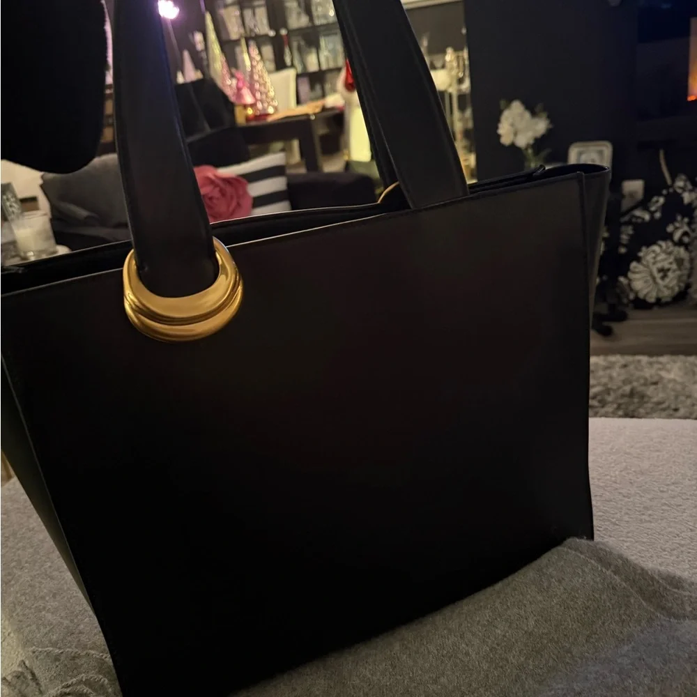 Donna Karan Black Hewlett Tote with Gold Accents - Picture 4 of 7